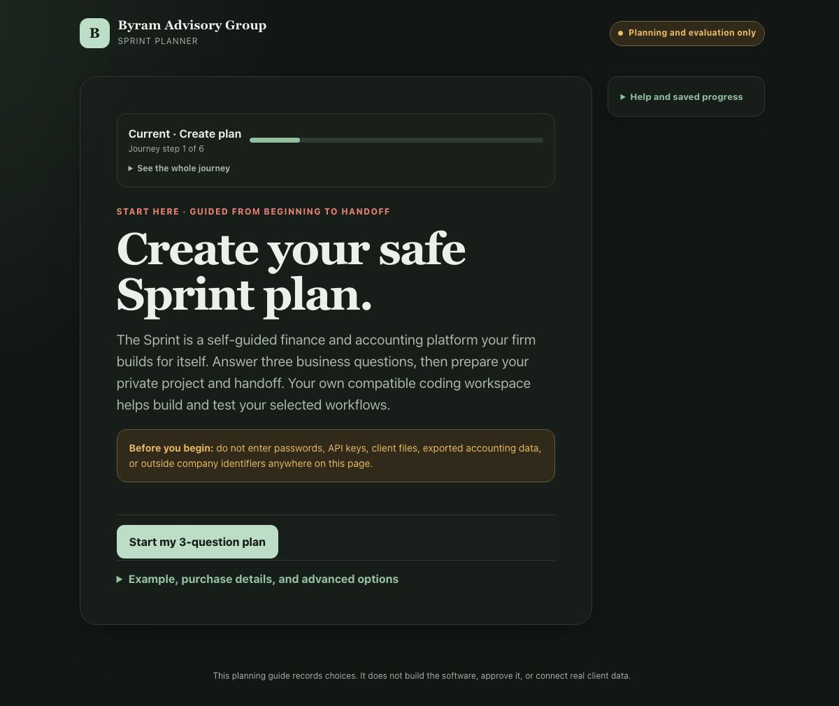 Screenshot of the supplied Sprint planner welcome screen, with a three-question plan and a planning-only notice.